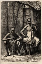 Porträtt av två Bakali-krigare. Teckning av H.Castelli, för att illustrera resan till Gabon, 1861-1864, av doktor Griffon du Bellay. Gravyr i "" Le tour du monde"", redigerad av Edouard Charton