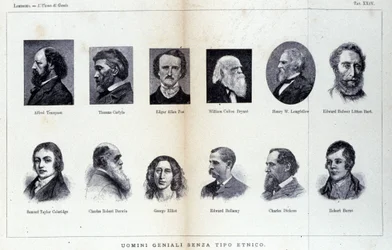 Porträtt av olika män av geni. Studie publicerad i ""The man of genius"" av Cesare Lombroso (1835-1909)