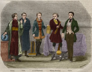 Porträtt av vetenskapsmännen Georges Cuvier (1764-1832), Alessandro (Alexandre) Volta (1745-1827), Alexander Von Humboldt (Alexandre de Humboldt