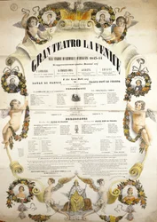 Affisch för framförandet av operan "" Aida" av den italienske kompositören Giuseppe Verdi (1813-1901) för föreställningen på teatern La Fenice i Venedig 1843-1844.