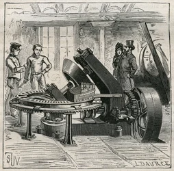 Keramik: Fleury-maskin som används för mekanisk formning av tegelstenar. Gravyr från 1885 i "" Les arts et metiers illustres"" av Adolphe BITARD.