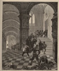 Keramik: förstörelse av "Henri II"-fabriken under plundringen av slottet Oiron (Deux Sevres) 1568 under ligan. Gravyr från 1885 i "" Les arts et metiers illustres"" av Adolphe BITARD.