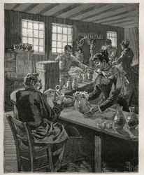 Keramik: fyllning av keramik. Gravyr från 1885 i "" Les arts et metiers illustres"" av Adolphe BITARD.