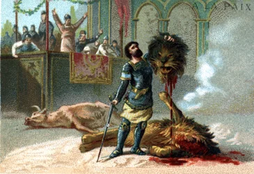 Pippin den lille (715-768), frankernas kung, kämpar mot ett lejon och en tjur under festligheterna för att fira hans kröning år 751.