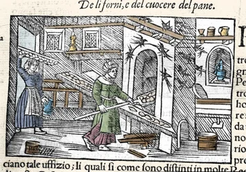 Beredning och bakning av bröd i ugn. Gravyr av Olaus Magnus (1490-1557), svensk religiös och geograf, "Historia de Gentis Septentrionalibus", Venedig
