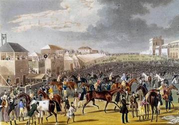 Förberedelser för ett Epsom-lopp (Epsom Oaks: engelsk hästkapplöpning). Gravyr av 1800-talets privatsamling