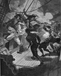 Kaparen Jean Bart (1650-1702) närmar sig ett skepp. Gravyr av 1800-talet. I "Histoire de France" av Jules Michelet