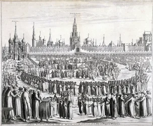 Procession av påskblommor framför den Helige Frälsaresporten och Kreml i Moskva. Gravyr av 1800-talet.