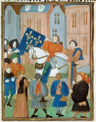 Fredsproklamation i Reims den 2 oktober 1435 efter undertecknandet av Arras-fördraget mellan kung Karl VII och hertigen av Bourgogne Filip III den gode som avslutade inbördeskriget mellan Armagnacs och burgunderna. Miniatyr från "" Kings and quee