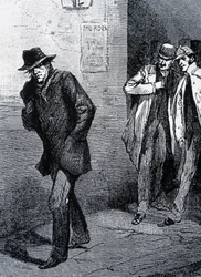 Psykotisk stämning nattetid på Londons gator (på grund av Jack Uppskärarens mord) - sent 19:e århundrade, ca 1888.