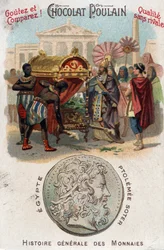 Ptolemäus I (360-283 f.Kr.) Soter (frälsare) lät begrava Alexander den store. I Myntens allmänna historia. Choklad-fölkromolitografi från slutet av 1800-talet. Privat samling.