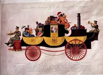 Kollektivtrafik: representation av ett ångfartyg lastat med passagerare och bagage. Den designades av ingenjören W.H. James. Litografi av 1828. Dekorativ konst, Paris