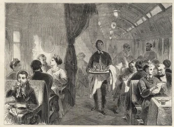Pullman matvagn från Pacific Railways 1869 - inne i ett vagnhotell på Pacific Railway -