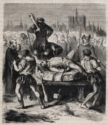Bestraffningen av François Ravaillac (1578-1610), kung Henrik IV:s (1553-1610) mördare, på Place de Grève i Paris år 1610 - Gravyr från 1879 i “Histoire des sociétés secrètes, politiques et religieuses” av Pierre Zaccone (1817-1895)
