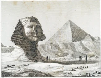 Pyramiderna i Giza: vy över Sfinxen och den stora pyramiden, sedd från sydost - i Beskrivning av Egypten, kejserliga utgåvor
