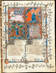 ""Fyra män upptagna med olika aktiviteter"" upplyst sida från manuskriptet ""Le Roman de la Rose"" av Guillaume de Lorris (cirka 1200-1238) och Jean de Meun (Meung) (1240-1305) runt 1353 Schweiz, Genève bibliotek