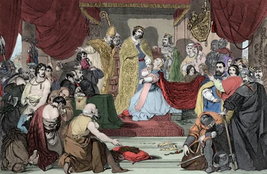 Drottning Philippa i förbön till Edward III för livet för borgarna i Calais - Drottningen av Angeleterre Philippa av Hainaut (1314-1369), förespråkar borgarna i Calais före sin man kung Edward III