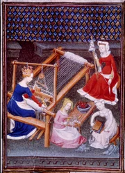 Drottning Tanaquil, hustru till den romerske kungen Tarquin den äldre, vävande miniatyr ritad från "" De mulieribus claris""" (Lätta och ädla kvinnor)"" av Giovanni Boccaccio (Boccaccio) (1313-1373)