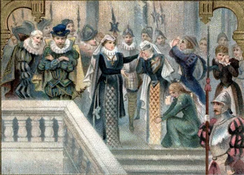 Drottning av Skottland Marie Stuart (1542-1587) tog sitt sista farväl till hovdamerna. Sen kromolitografi av 1800-talet.