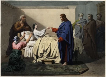 Uppfostran av Jairus dotter - Jesus räddar Jaires dotter (Jairus eller Jairos). Anonym gravyr från slutet av 1800-talet.