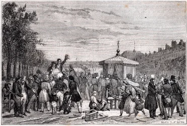 Läsning av domarna publicerade i tidningen Moniteur i trädgårdarna på det kungliga slottet i Paris 26 juli 1830 under inbördeskrig - revolution 1830 -
