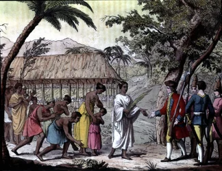 Mottagande av navigatören Samuel Wallis av drottning Oberea på Tahiti. "" Navigations of Cook", Milano