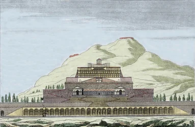 Rekonstruktion av templet Fortuna (slumpens romerska gudom) i Palestrina, Italien. Gravyr av 1800-talet