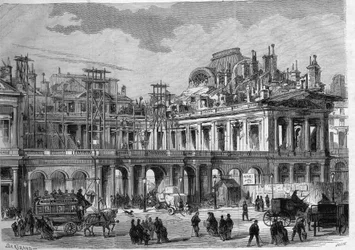 Rekonstruktionsarbeten av det kungliga palatset (Palais-Royal) i Paris. Gravyr i "" L