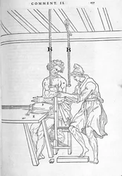 Minskning av frakturer. Plåt illustrerad av "Dissektionen av människokroppen i tre delar..." av Carlo Stefano Riverio, Paris 1545