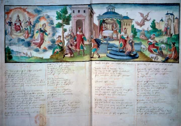 Religiös teater: "" Passion and Resurrection"" spelas i Valenciennes 1547. Manuskriptsida med akvarell, Paris, B.N.
