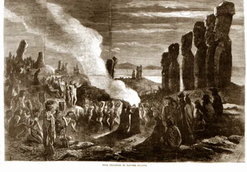 Religiös ceremoni på Påskön (Rapa Nui), Polynesien. 1800-talsgravyr.