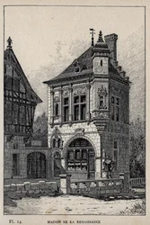 Renässanshus - gravyr från 1889 i "History of human habitation at the Universal Exhibition of 1889, by Mr Charles GARNIER - Librairie centrale des beaux-arts Paris 1889