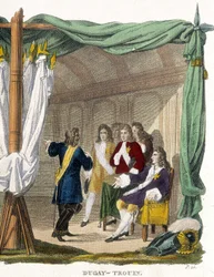 Rene Duguay Trouin (Duguay-Trouin) (Rene Trouin du Gue dit) (1673-1736) före kung Ludvig XIV (1638-1715). Gravyr av 1800-talet.