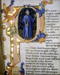 Representation i en brevskrift av poeten Dante Alighieri (1265 - 1321), 1300-tal i miniatyr.