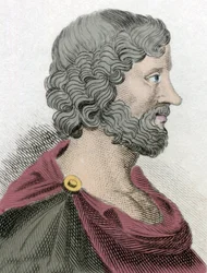 Framställning av Aristippos från Kyrene (435-356 f.Kr.), grekisk filosof och lärjunge till Sokrates, gravyr från 1800-talet.