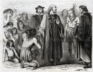 Representation av Bartolome de las Casas (1484-1566) dominikansk präst, missionär med indianerna” (Porträtt av Bartolome de las casas, dominikanermunk och indianernas beskyddare - gravyr från 1860