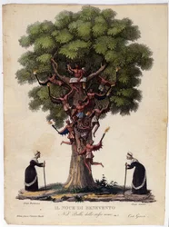 Representation av Benevent-valnöt, häxor och demoner av legenden som inspirerade baletten "Il noce di Benevento"" av den österrikiska kompositören Franz Xaver Sussmayr (1766-1803). Illustration av 1800-talet