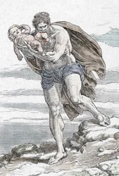 Framställning av Cronos (Kronos) som slukar ett av sina barn (Cronus devouring one of his children) Gravyr ur "Mina vackra mytologiska berättelser" av HS Bres, början av 1900-talet privat samling