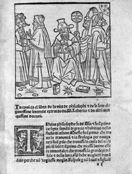 Representation av Diogene Laerce (120-240) (mitten) omger olika tänkare och filosofer. Sidan hämtad från "" Lives, doctrines and sentences of illustrious philosophers"" (Vitae Philosophorum) av poeten och historikern Diogene Laerce (120-240) 1495