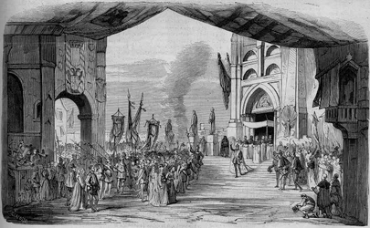 Representation av Don Carlo (Don Carlos) Opera i 5 akter av Giuseppe Verdi vid Parisoperan den 11 mars 1867. The car da fe, 3:e akten, dekor av Cambon och Thierry. Gravyr från 1867.