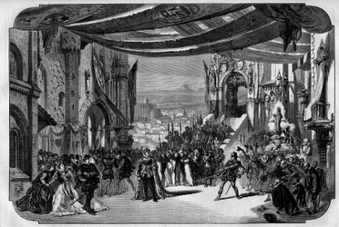 Representation av Don Carlo (Don Carlos) Opera i 5 akter av Giuseppe Verdi vid Parisoperan den 11 mars 1867. I Neuvilles teckning tredje akten, fjärde målningen, scen IX.