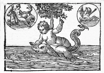 Representation av Ino, havets gud, och hans son Palemon. Gravyr från "Mythology and Fables" av greve Natalia 1637