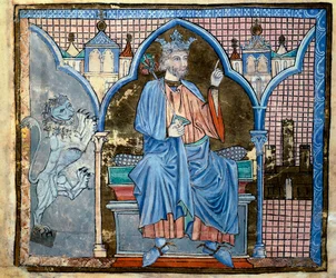 Representation av kung Ferdinand III av Kastilien eller Saint Ferdinand (1199-1252) Miniatyr hämtad från manuskriptet "Index över kungliga privilegier"" fol. 66 v. 1200-talet Santiago de Compostela (Santiago de Compostela) (Santiago de Compostela), arkiv ö