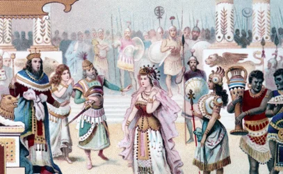 Representation av scen 1 i akt I av "Drottningen av Saba", opera komponerad av Karl Goldmark (1830 - 1915). kromolitografi från 1800-talet.
