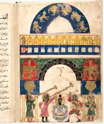 Representation av en vatten-clepsydra (klocka) designad av den turkiske ingenjören Ibn al-Rajjaj al-Jazari (Al Rajjaj Al Jazari) (1136-1206) och en kalender. Det särskiljer cirkeln av zodiaken, solen, månen