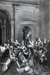 Representation av en exorcismscen. 1800-talsillustration.