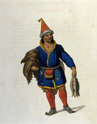 Representation av en infödd same (bor i Norge, Sverige, Ryssland, Finland) som återvänder från fiske. Gravyr av 1800-talet