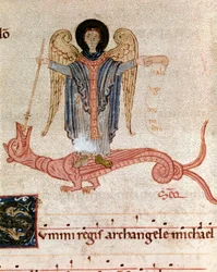 Representation av ärkeängeln Sankt Mikael och draken Miniatyr från en gradvis antifonär (tropair) (ms. 65) Plaisance från 1100-talet, Biblioteca Capitolare