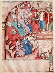 Representation av konciliet i Konstanz mellan 1414 och 1418, överst påve Martin V (Vy över konciliet i Konstanz, ca 1417) Miniatyr hämtad från "Krönikor från konciliet i Konstanz" av Ulrich Richental (1360-1437) 1438 ungefär Prag, Nati