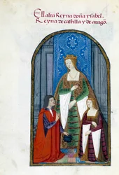 Representation av drottningen av Spanien Isabella den katolska (1451-1504), hennes dotter Jeanne Iere the Folle (1479-1555) och Pedro Marcuello. Manuskriptsida hämtad från "" Collection of devotion of Queen Joan the Folle (1479-1555) of Spain"" av Pedro Ma